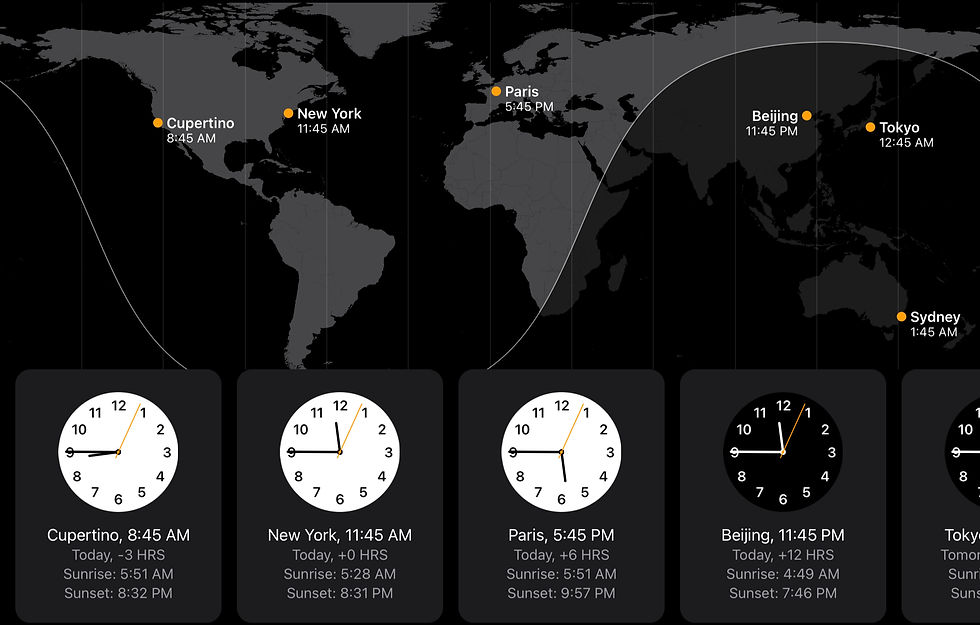 World map with time zones showing clocks for Cupertino, New York, Paris, Beijing, Tokyo, and Sydney. Black background, white and orange text.