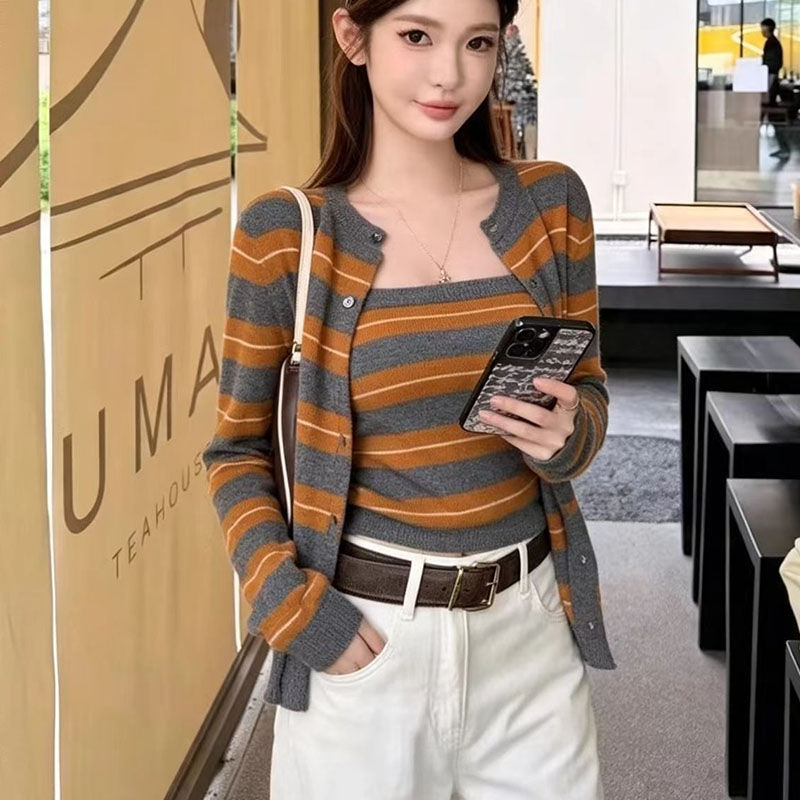 2026 women's new cashmere cardigan O-neck color blocked strapless cardigan two-p