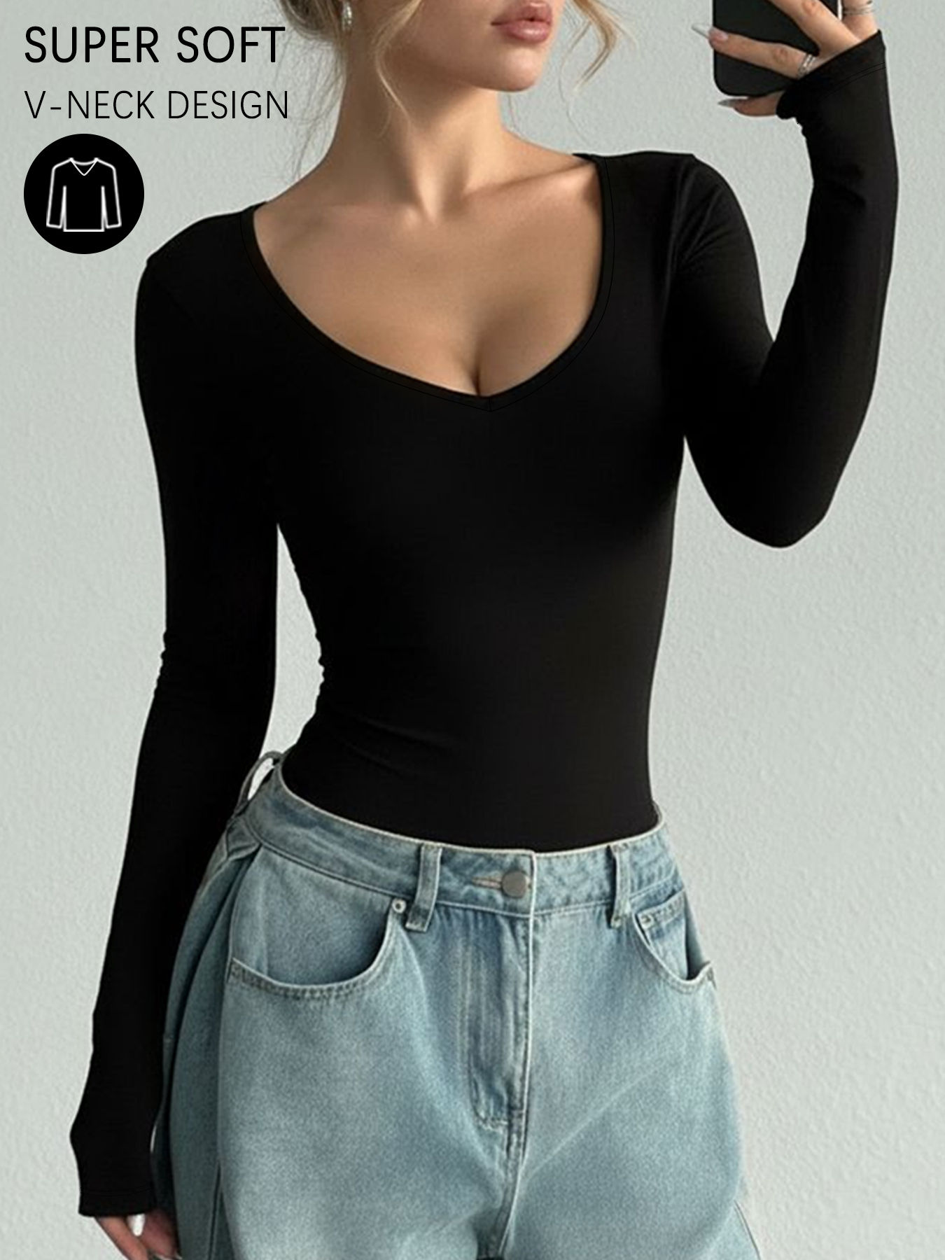Women's Long Sleeve T-Shirt,High Stretch Super Soft V-Neck,All-Season Fit