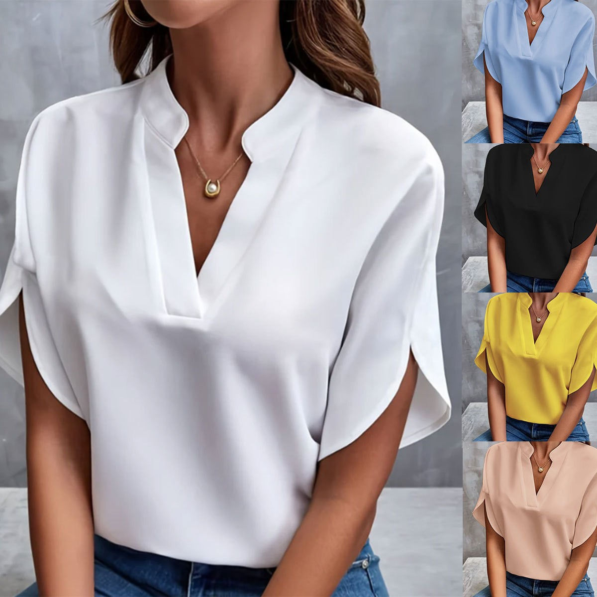 1pcs Woman New Summer Solid Color Shirts Lady Casual Short Sleeve V-neck Collar