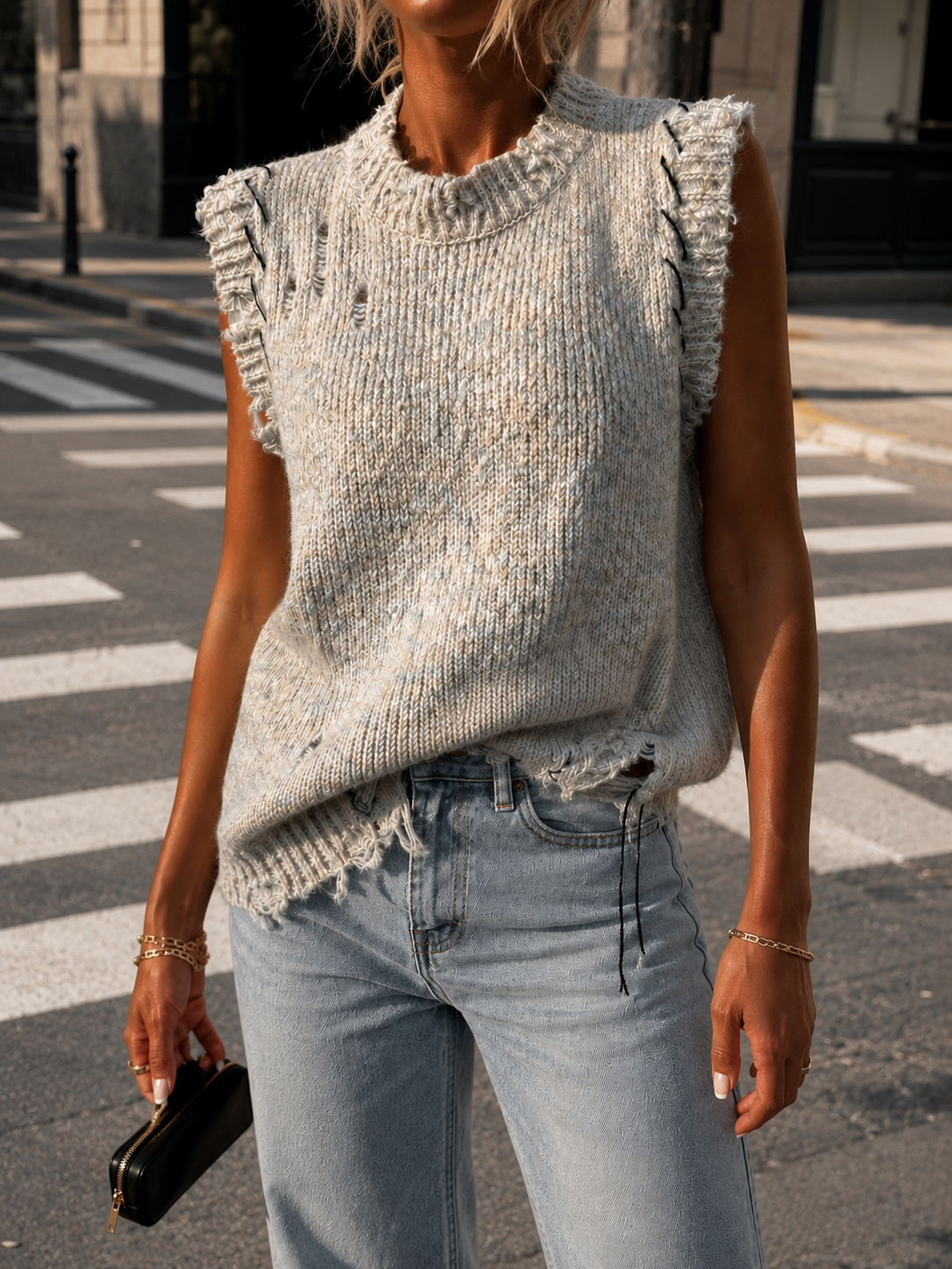 Women Knit Sweater Vest Sleeveless Top Casual Loose Fit Fringed Cropped Pullover