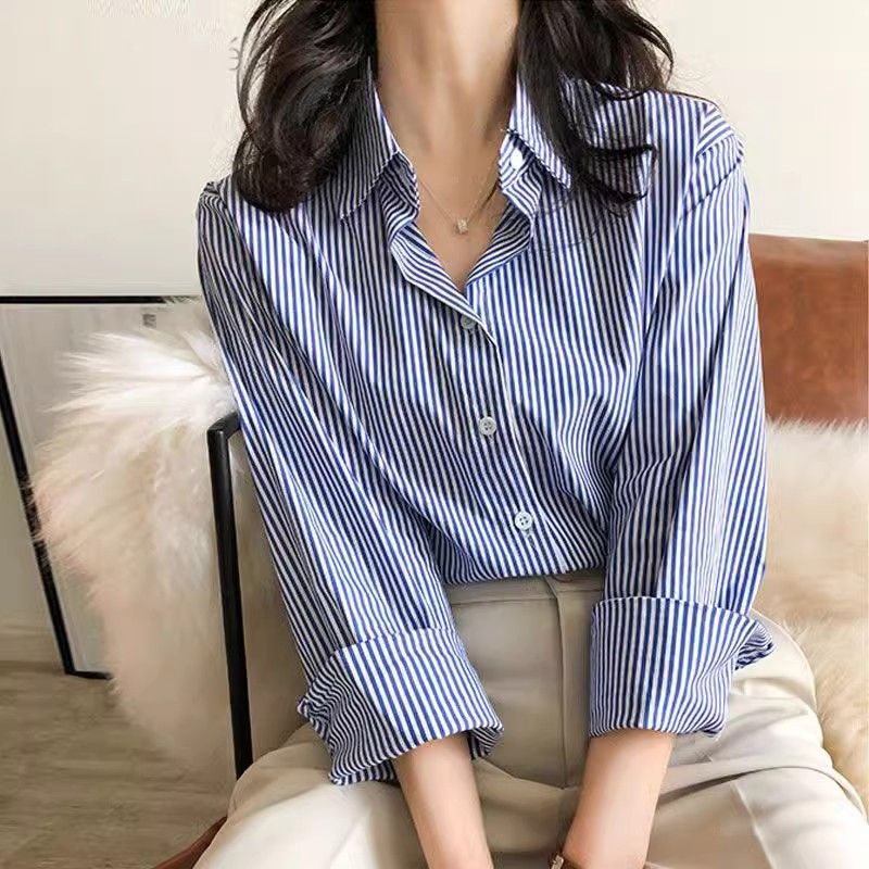 Classic Striped Woman Spring Autumn Blouses Shirt Lady Long Lantern Sleeve Stand