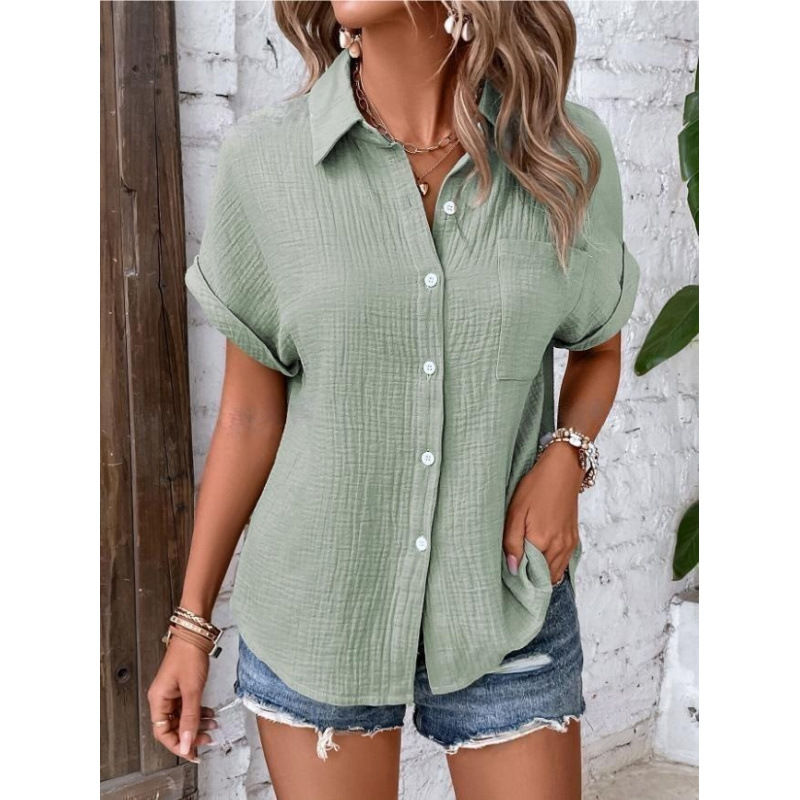 Thumbnail: Women Casual Cotton Blouse Vintage Summer Short Sleeve Slim Shirt Elegant Turn D