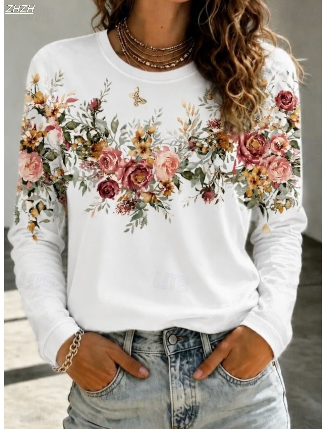 Women's T Shirt Print Floral Graphic Plants Fashion Classic Casual Long Sleeve C