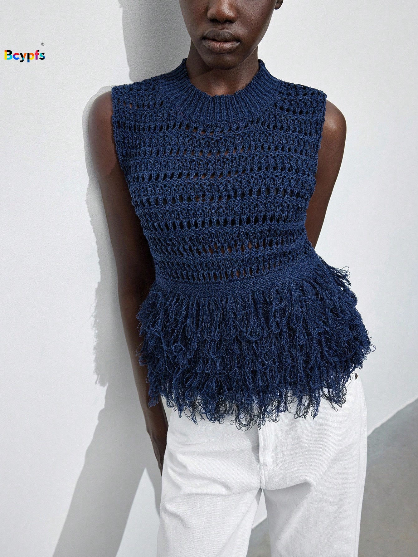 Trendy Women Navy Blue Sleeveless Crochet Top Hollow Out Fringe Peplum Hem Blous