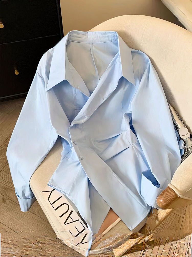 Designer Irregular Long sleeve Polo Shirt Women Tunic White Elegant Basic Top Bl
