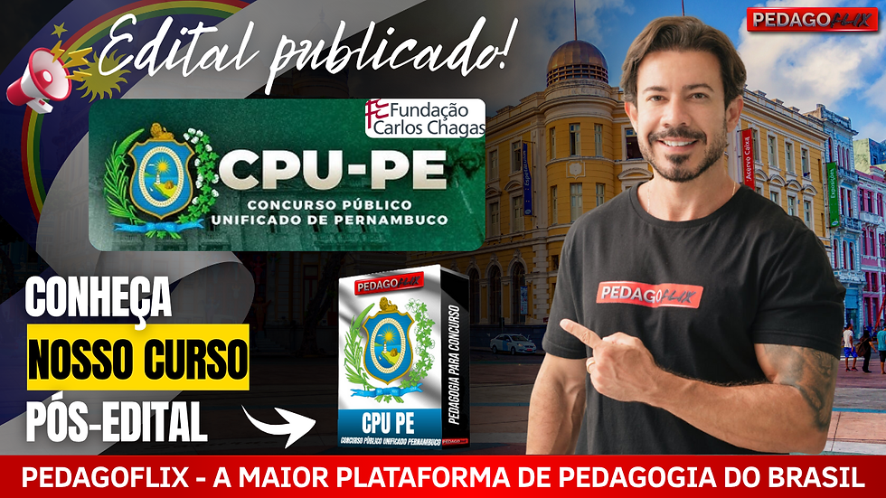 Curso da Pedagoflix para o Concurso Público Unificado PE com videoaulas, simulados e materiais pedagógicos atualizados da banca FCC.