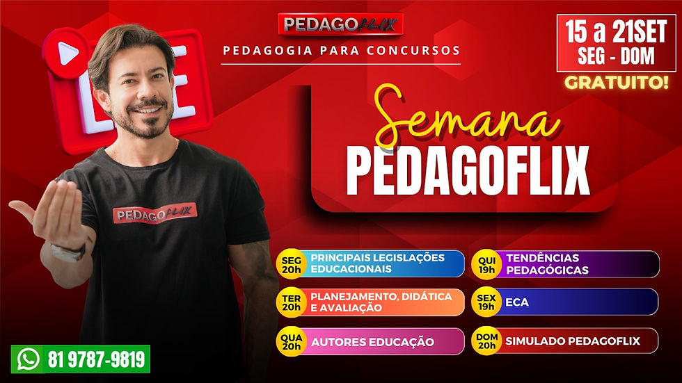 Programação semanal de aulas ao vivo da Pedagoflix com foco em concursos de Educação e dicas exclusivas do Professor Alonso