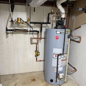 75 gallon power vent water heater with external heat exchanger for radiant floor heating in Waukesha County WI
