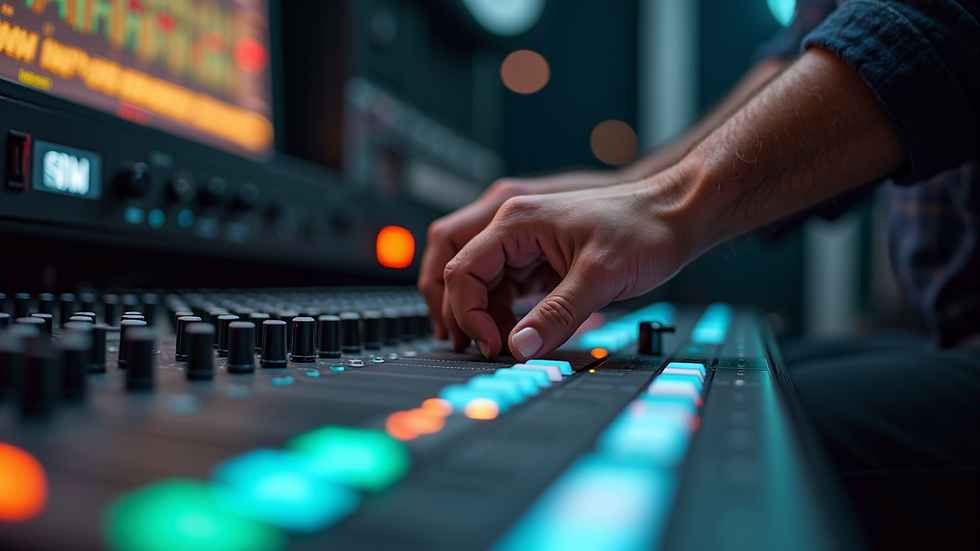 Close-up of a sound engineer adjusting audio levels on a mixing console