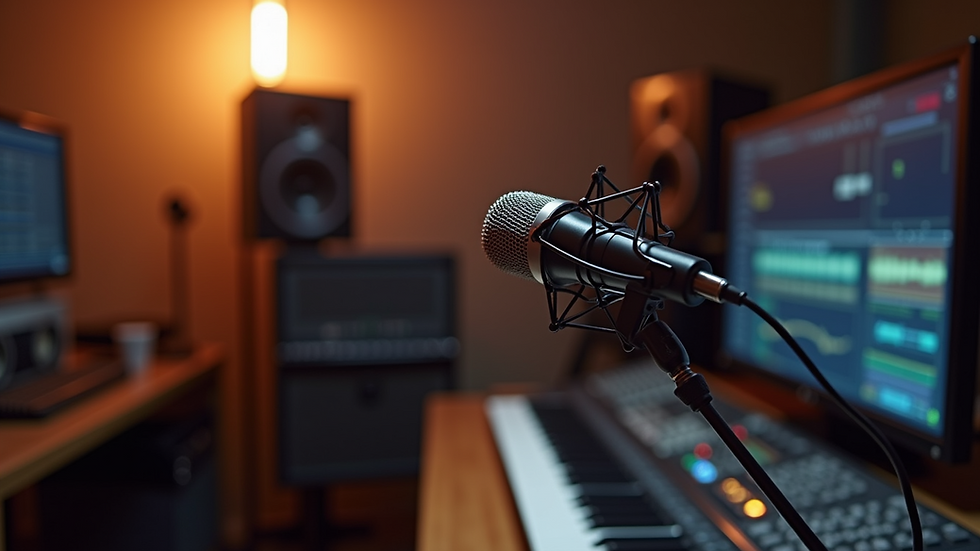 Close-up view of a professional microphone in a recording studio
