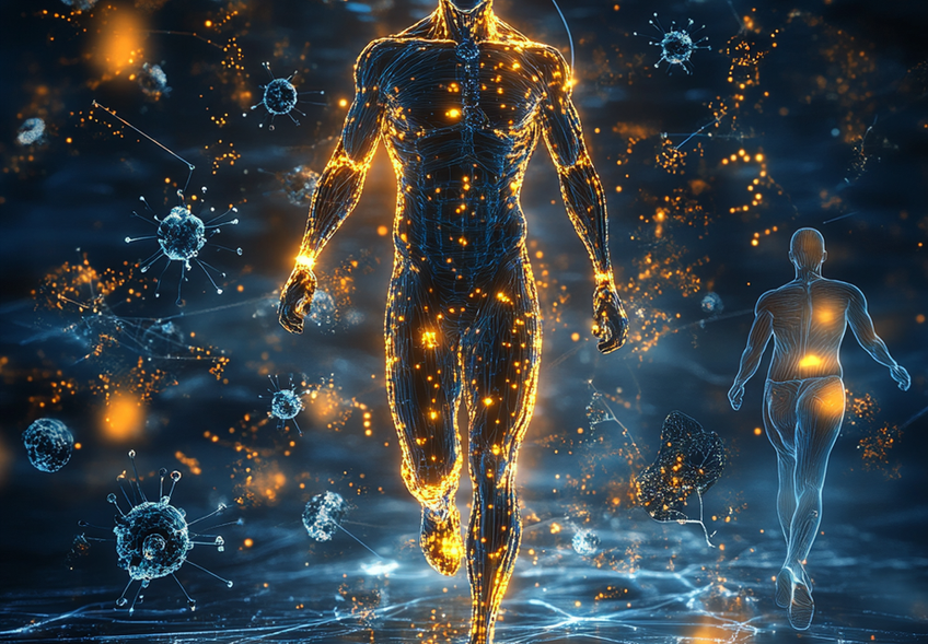 A futuristic human body seamlessly transitioning between energy states — half glowing with carbohydrates (represented by golden light and dynamic motion), half powered by fats (cool blue light and calm focus), surrounded by icons of mitochondria, running athlete silhouettes, and healthy foods like avocado, salmon, and sweet potatoes — digital art style, ultra high definition, cinematic lighting, sleek, science-inspired design, modern health aesthetic 