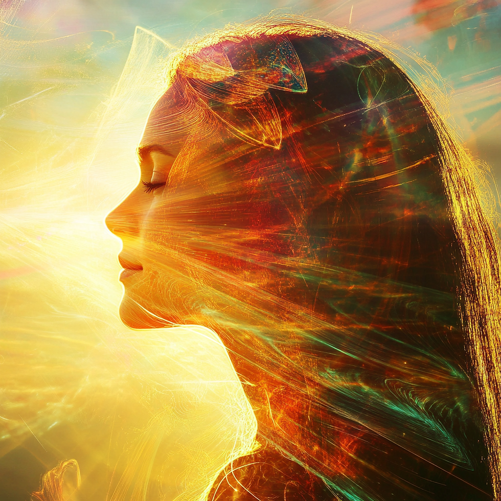 Profile of a serene woman amidst vivid multicolored light patterns, her face illuminated in warm yellows and oranges, exuding tranquility.