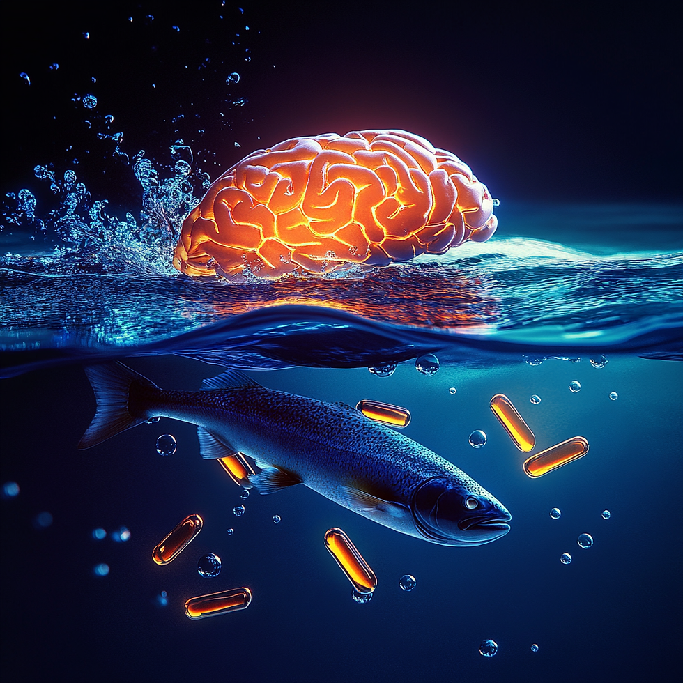 Glowing brain floats on water, fish swims below with orange capsules and bubbles, set against a dark blue background. Vivid and surreal.