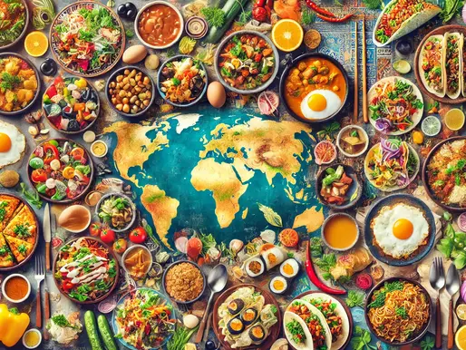 A world map is surrounded by colorful international dishes, including salads, tacos, eggs, and noodles, symbolizing global cuisine.