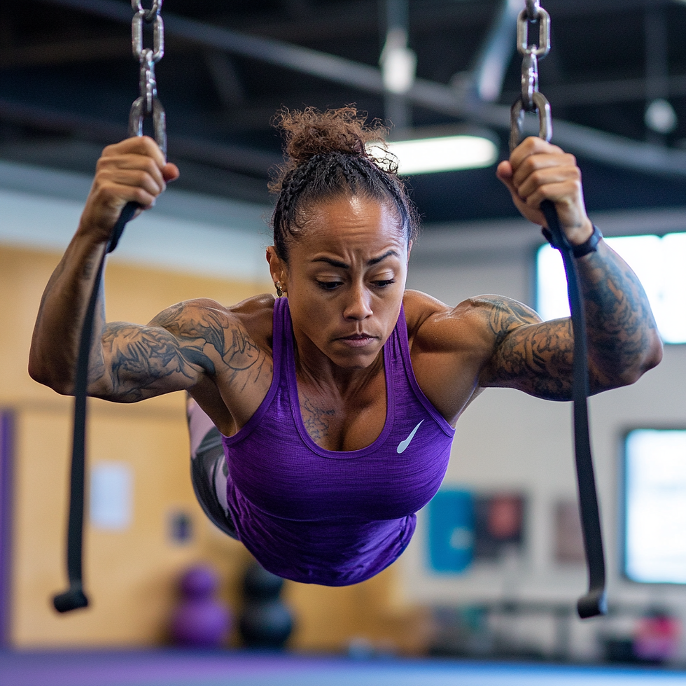 Athletic woman in purple tank top performs TRX workout in a gym, showcasing strength and focus. Background has gym equipment.