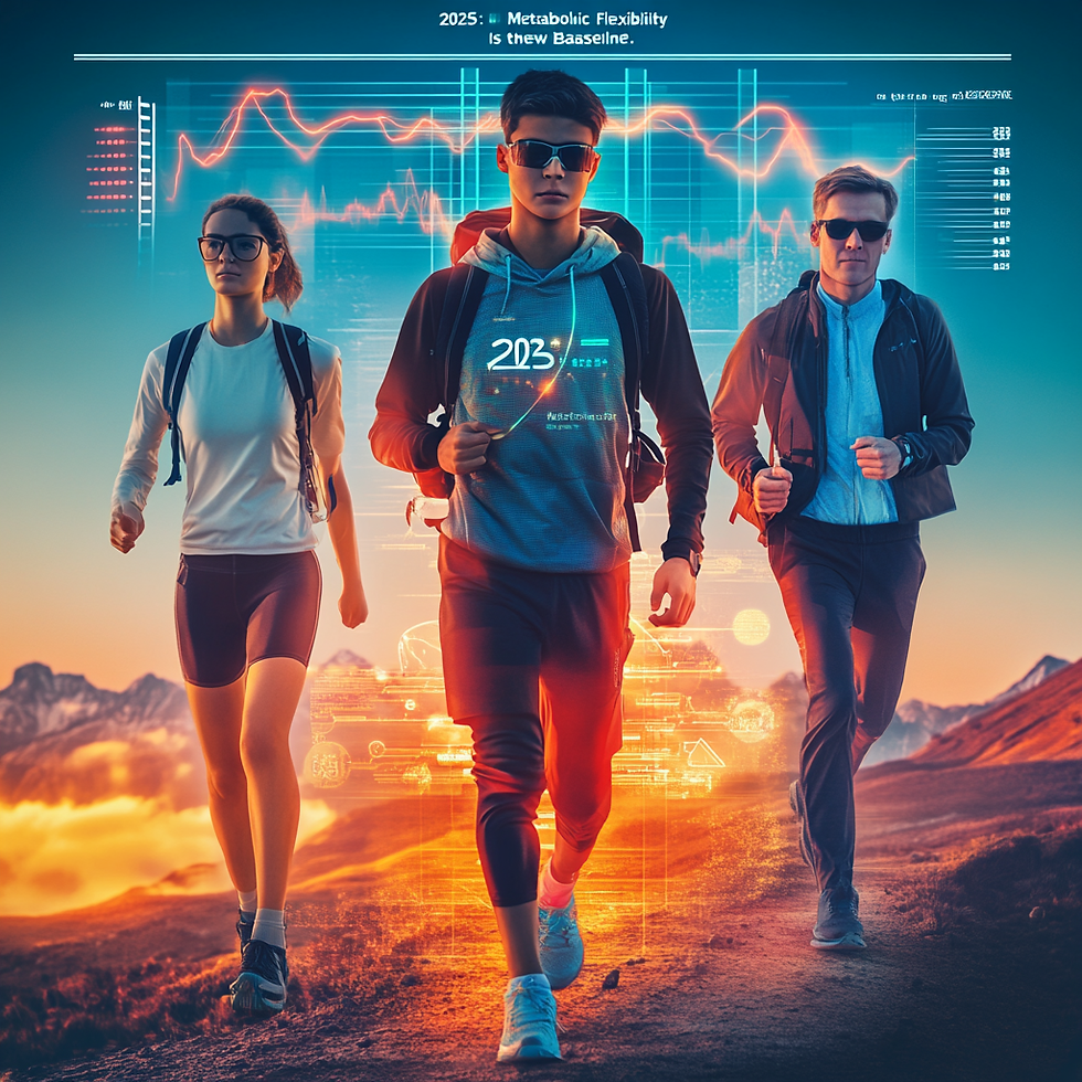 A powerful, inspirational scene showing three dynamic figures side-by-side: a teen athlete mid-sprint, a weekend warrior hiking a sunrise trail, and a sharp-dressed executive in motion—all radiating inner energy and metabolic efficiency. In the background, digital visuals of stable blood sugar lines, glowing mitochondria, and shifting fuel sources (glucose and ketones) orbit around them. Text overlay (optional): “2025: Metabolic Flexibility Is the New Baseline.” A fusion of science and lifestyle—vibrant, cinematic, ultra HD, modern wellness aesthetic, futuristic yet grounded