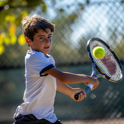 Young boy in white shirt playing tennis, focused on hitting a yellow ball with his racket, outdoors with a blurred fence in the background.