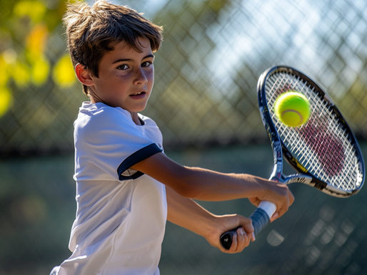 Young boy in white shirt playing tennis, focused on hitting a yellow ball with his racket, outdoors with a blurred fence in the background.