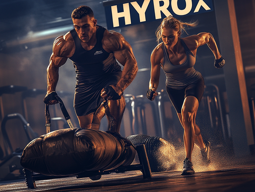 Athlete pushing sled during Hyrox race; Hyrox vs CrossFit calorie burn bar chart; 5-day Hyrox workout plan chart.