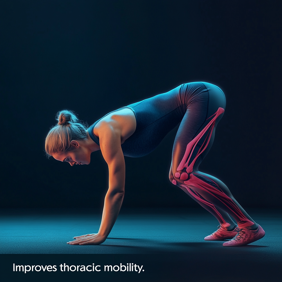 A female athlete mid-Crab Reach in a studio with a minimal background. Her left hand presses into the ground while her right arm extends overhead in a dynamic spinal twist. Muscles in the thoracic spine, hips, and obliques are slightly highlighted.