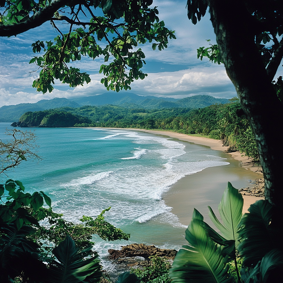 Tropical beach scene with lush greenery, turquoise waves hitting the sandy shore. Cloudy sky and mountains in the background. Serene mood. Nicoya Peninsula, Costa Rica