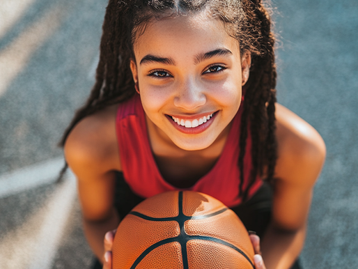 Smiling girl with braided hair holding a basketball on an outdoor court, wearing a red top. Sunlit, joyful mood.