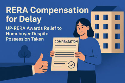 Modern flat-vector illustration showing a judge in a courtroom granting a compensation verdict to a homebuyer. The judge holds a gavel with scales of justice nearby, rendered in bold outlines and muted earthy tones. The image features the title "RERA Compensation for Delay: UP-RERA Adjudicating Officer Awards Relief to Homebuyer Despite Possession Taken," combining legal realism with minimalistic caricature style, suitable for a law firm blog.