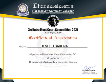 Adjudged 3rd DNLU Intra Moot Court Competition, 2021