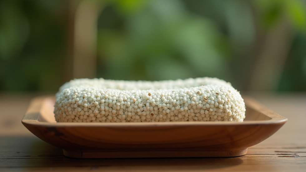 Eye-level view of a traditional Thai herbal compress resting on a wooden tray