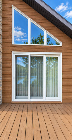 7-foot stackable patio door with three panels and a custom triangle window at a lakeside forest home, with two panels opening to create a wide passage.