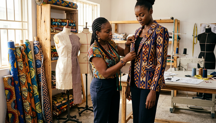 Eye-level view of a designer fitting a patterned jacket on a model in a sunlit studio