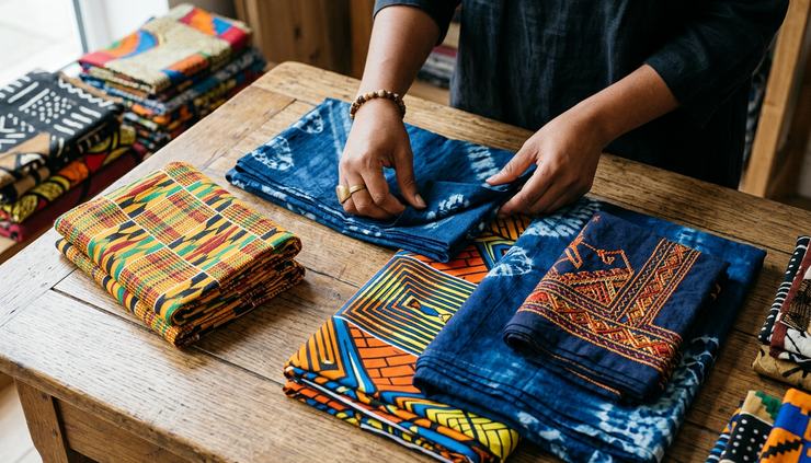 Close-up of hands arranging richly coloured African textiles on a wooden table