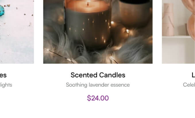 Gift extras selection including chocolates, candles, and greeting cards