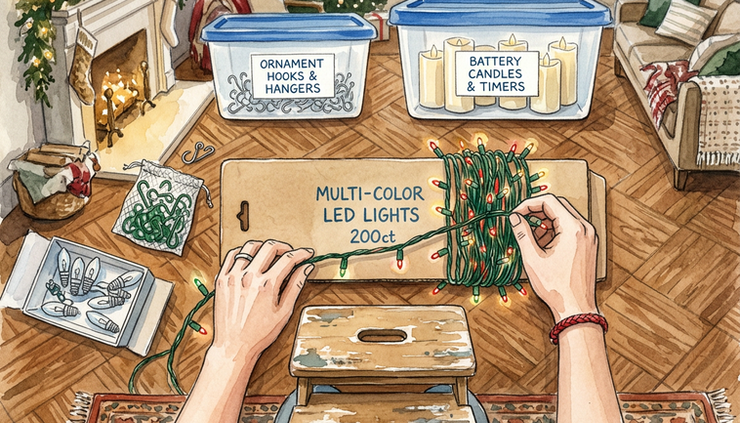 Overhead view of holiday lights being wrapped around cardboard beside labeled bins.