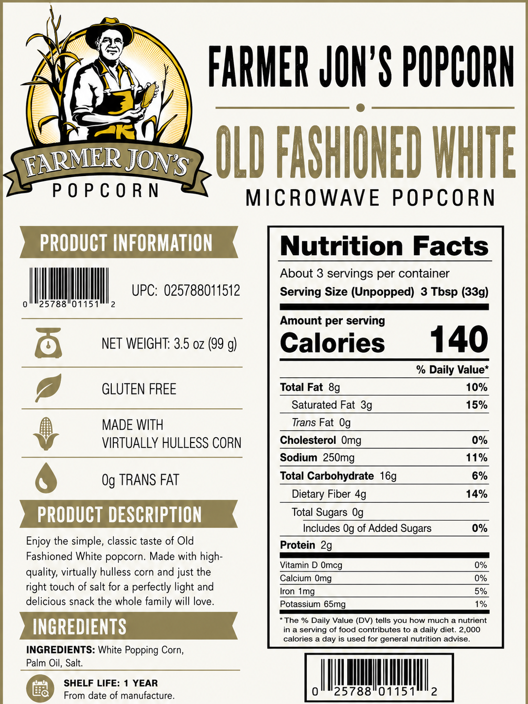 Farmer Jon's Old Fashioned White Microwave Popcorn label