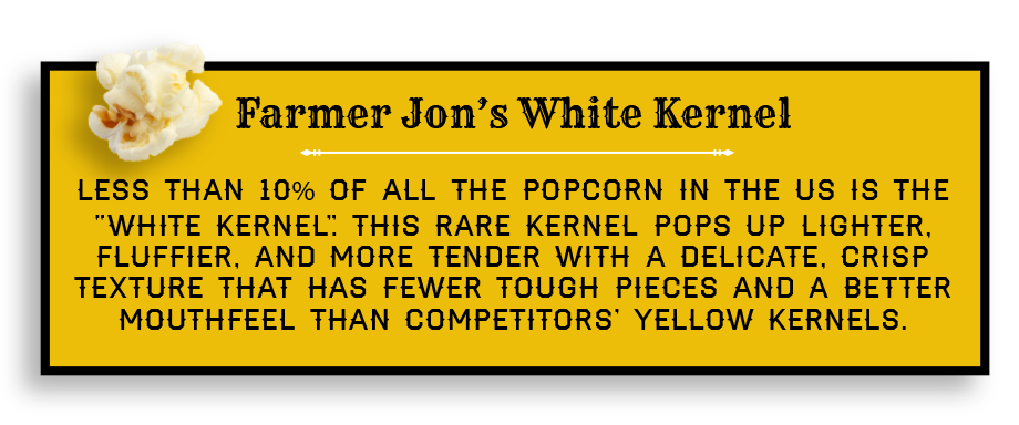 Infographic that says Less than 10% of all the popcorn in the US is the "White Kernel." This rare kernel pops up lighter, fluffier, and more tender with a delicate, crisp texture that has fewer tough pieces and a better mouthfeel than competitors yellow kernels.
