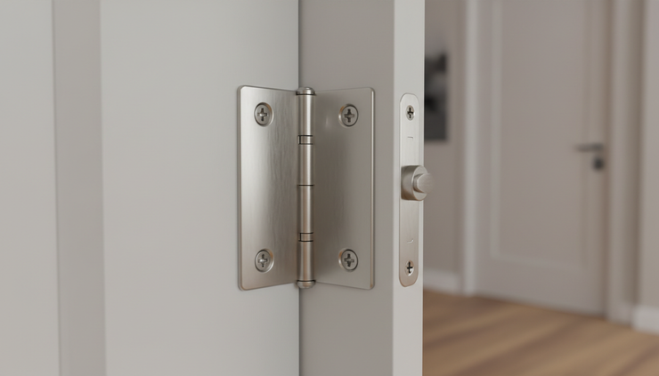 Close-up of a stainless steel hinge fitted to a painted timber door