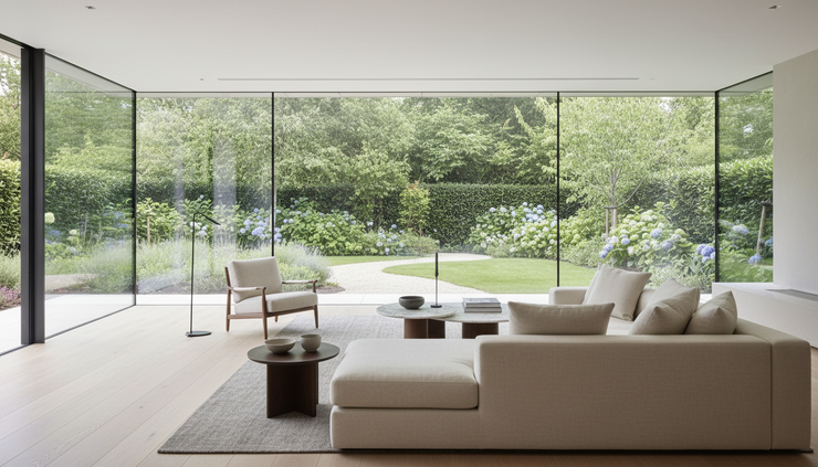Wide-angle view of a bright living room with floor to ceiling frameless glazing facing a garden