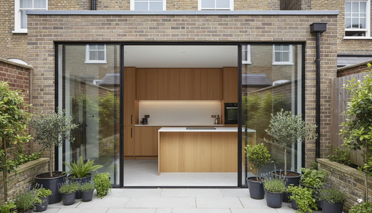 Eye-level view of a compact kitchen extension with frameless glass doors opening to a small patio