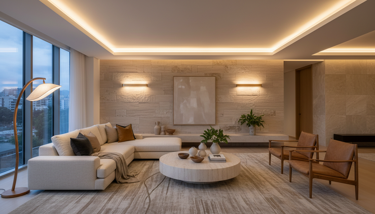 Wide-angle view of a softly lit modern living room with layered ceiling and floor lighting