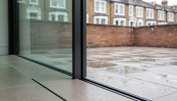 Close-up view of frameless glazing meeting a flush stone floor threshold