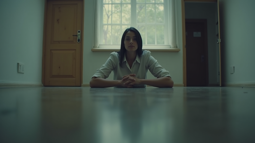 Eye-level view of a person calmly reflecting in a quiet room