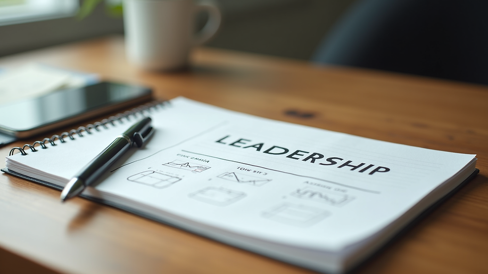 Close-up view of a notebook with leadership notes and a pen on a wooden desk
