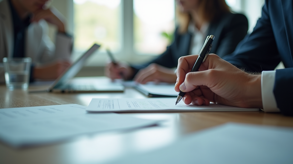 Eye-level view of a person writing notes during a meeting