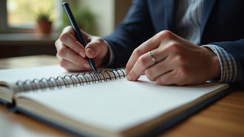Close-up view of a person writing in a journal with a pen