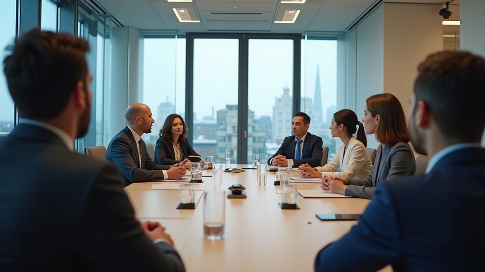 Eye-level view of a conference room with diverse professionals engaged in discussion