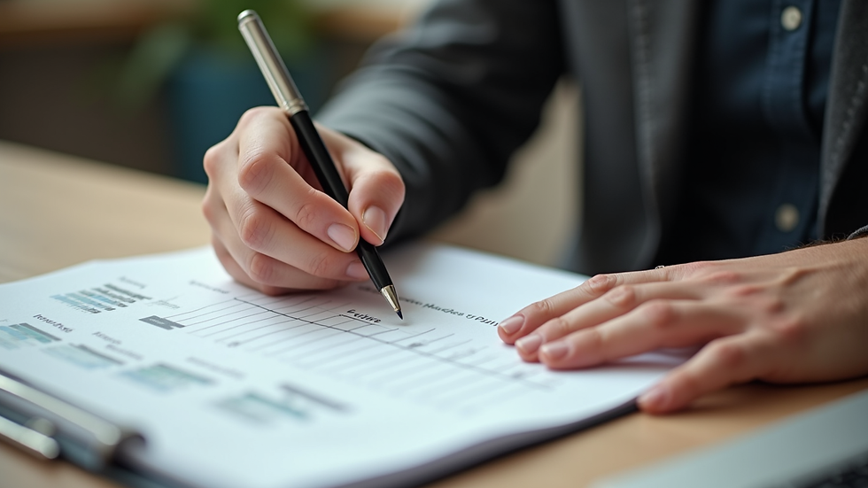 High angle view of a person writing a personal development plan on paper