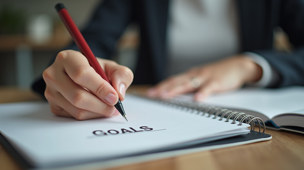 Eye-level view of a person writing goals in a notebook during a coaching session