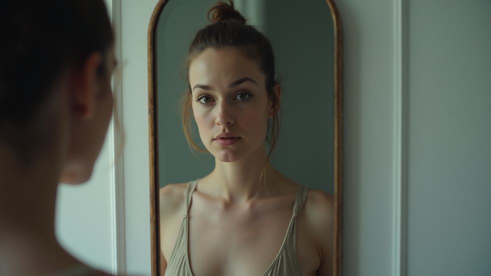 High angle view of a person reflecting on their body language in a mirror